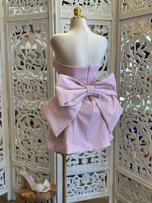 Mauve Strapless Ribbon Mini Dress-Estira, Stretchy Estira poco