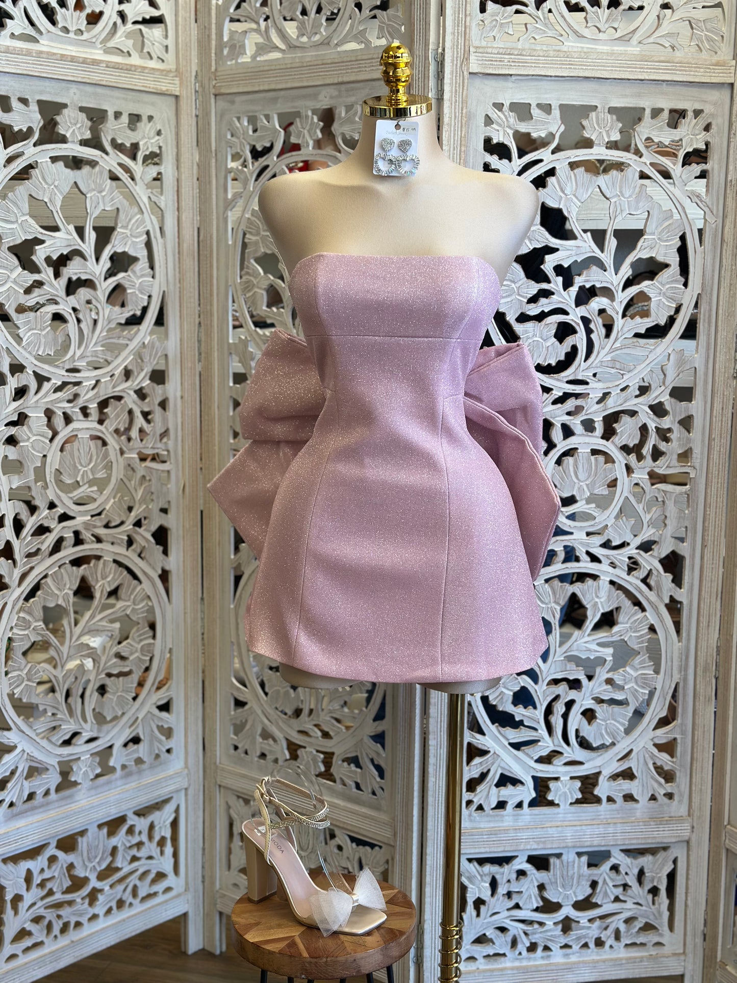 Mauve Strapless Ribbon Mini Dress-Estira, Stretchy Estira poco