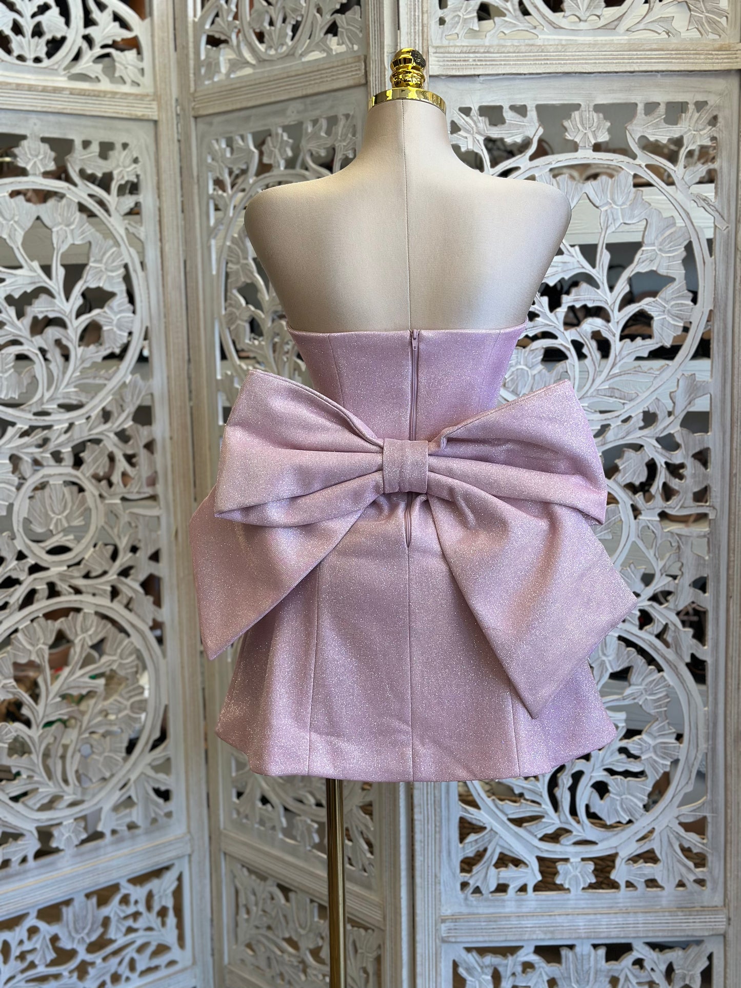 Mauve Strapless Ribbon Mini Dress-Estira, Stretchy Estira poco