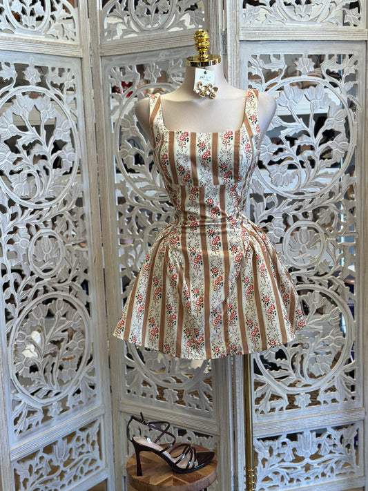 Striped Floral Open Back Ribbon Bubble Dress-No Estira, Not Stretchy