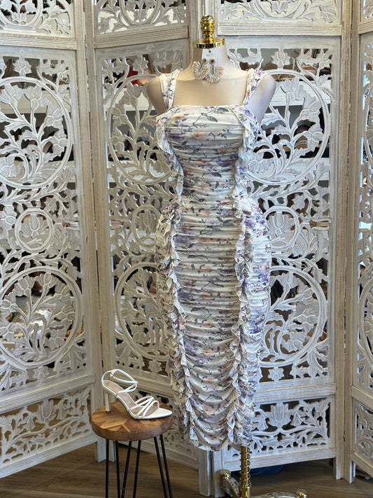 Ruched Floral Body Con Dress- Stretchy, Estira