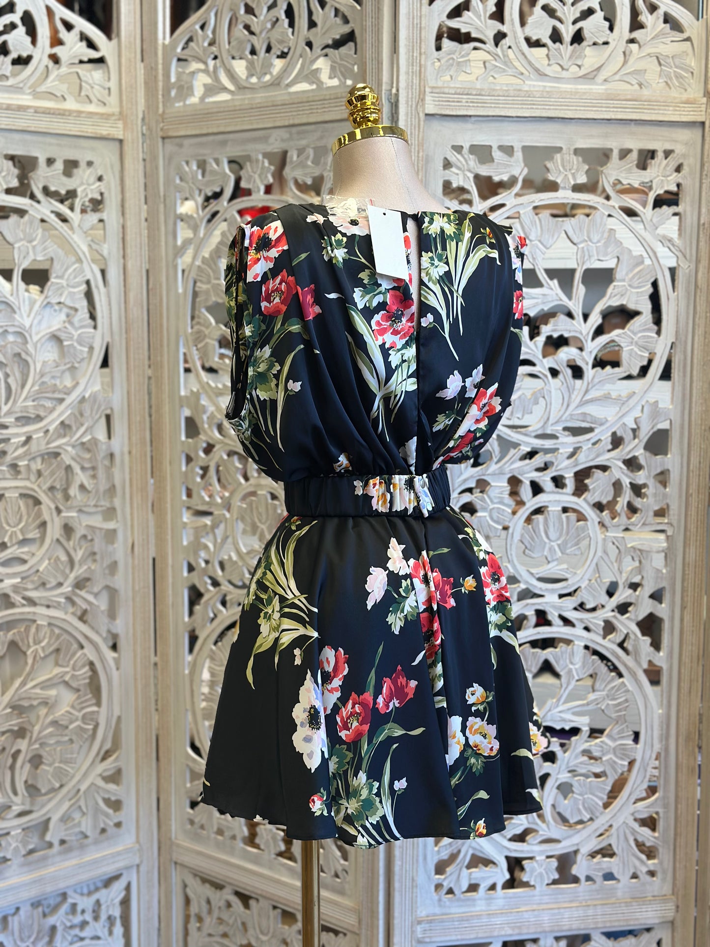 Cinched Floral Mini Flowy Dress-Estira, Stretchy