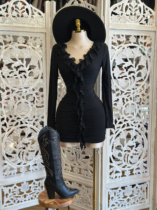 Black Ruffle V Mini Dress- Slightly Stretchy , Estira Poco