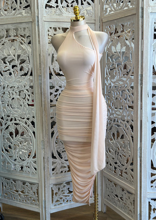 Nude Scarfed Ruched Dress - Estira, Stretchy