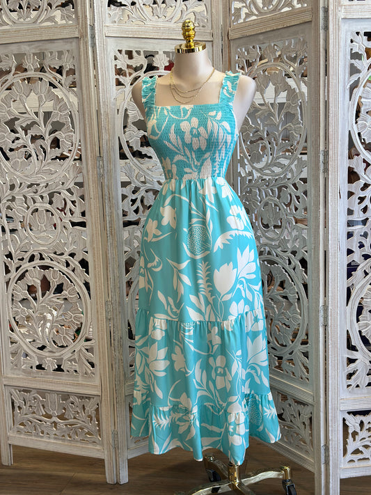 Bright Turquoise Maxi Floral Dress- Stretchy, Estira