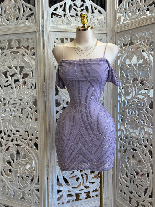 Purple Rhinestone Pattern Off Shoulder Mini Dress - Estira, Stretchy