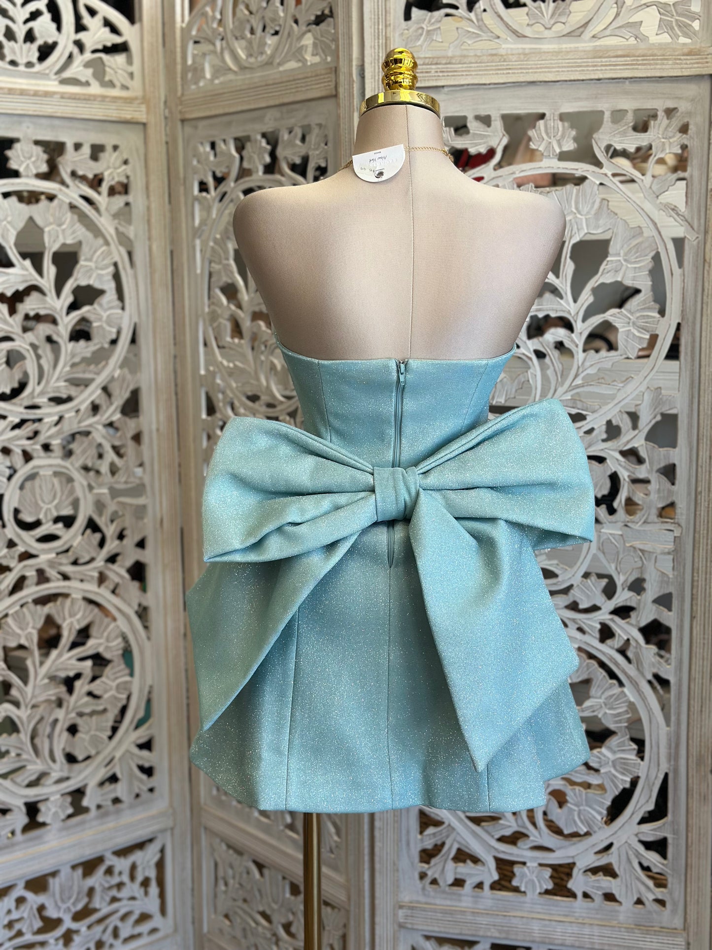 Seafoam Clip On Bow Mini Dress- Slightly Stretchy,Estira Poco
