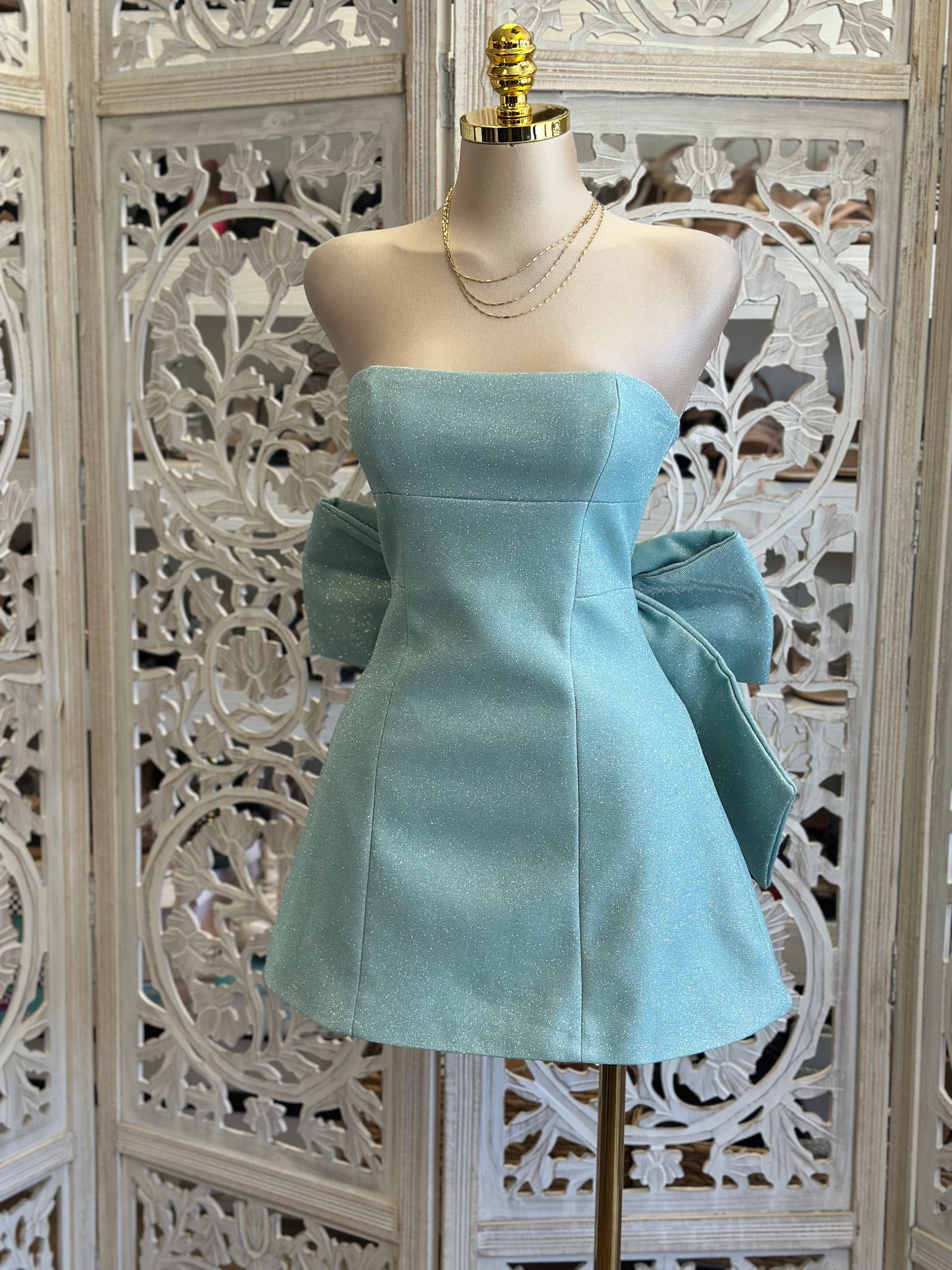 Seafoam Clip On Bow Mini Dress- Slightly Stretchy,Estira Poco