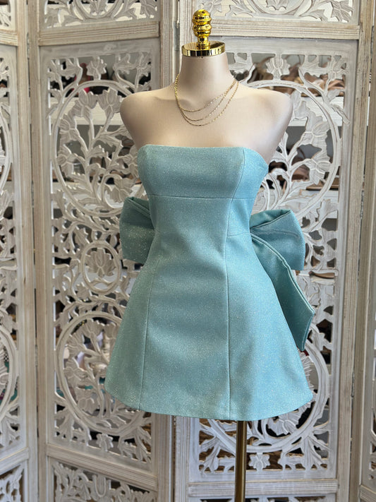 Seafoam Clip On Bow Mini Dress- Slightly Stretchy,Estira Poco