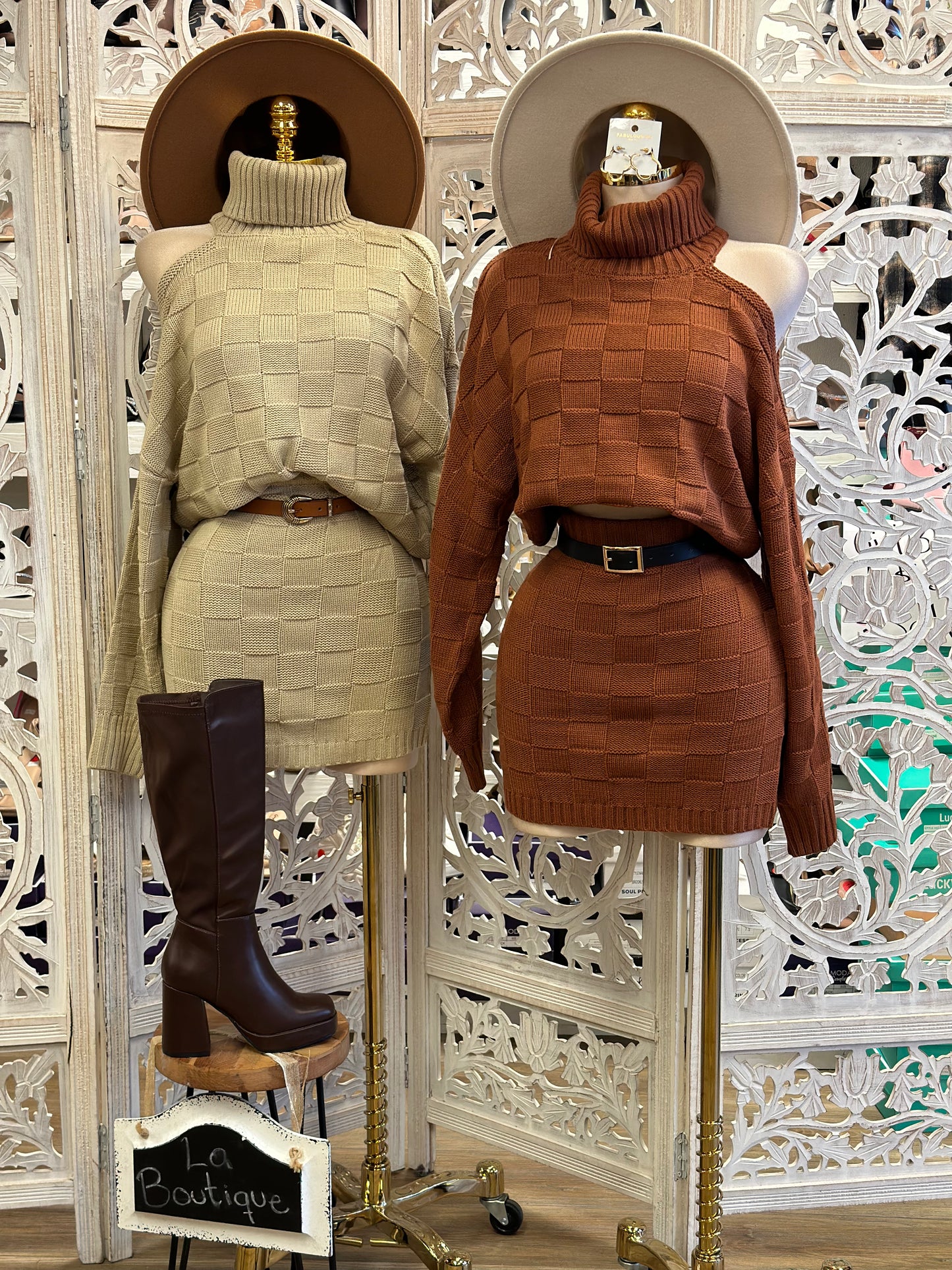 Checkered Shoulder Cutout Sweater Set- Stretchy,Estira.. viene ampliao