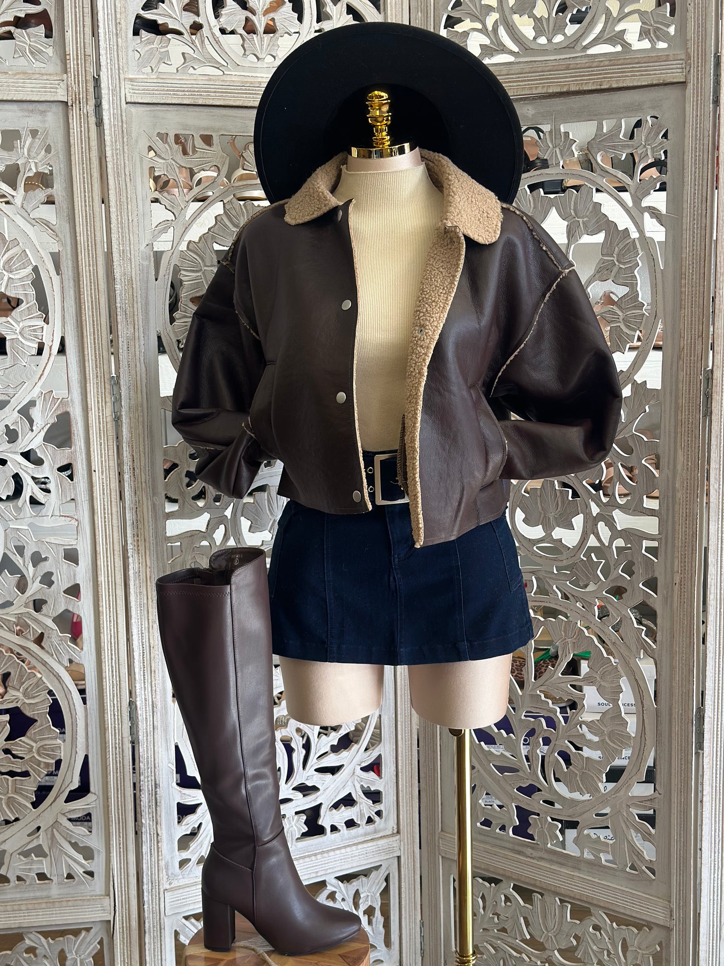 Sherpa Lined Faux Leather Jacket- Stretchy,Estira