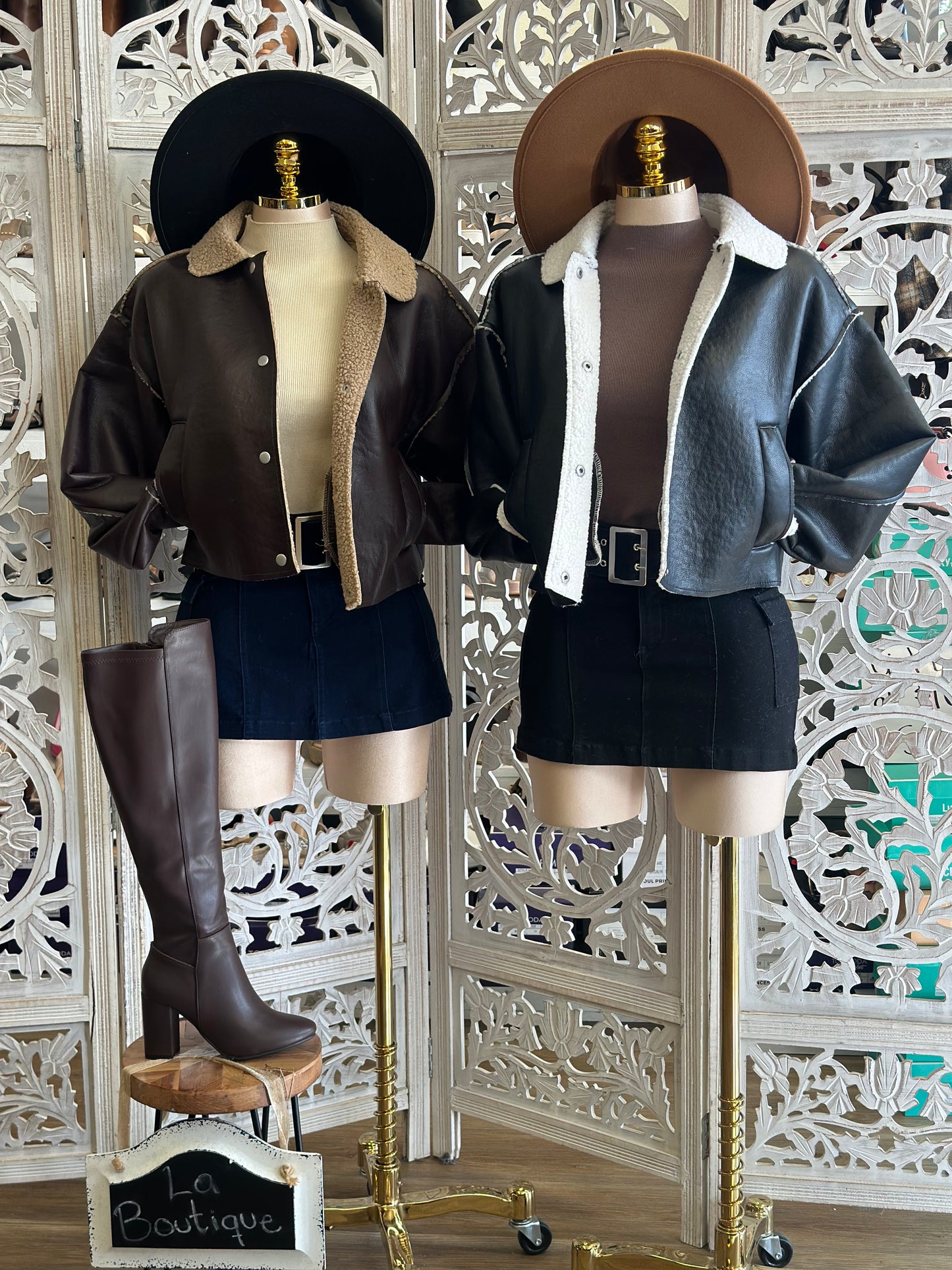 Sherpa Lined Faux Leather Jacket- Stretchy,Estira