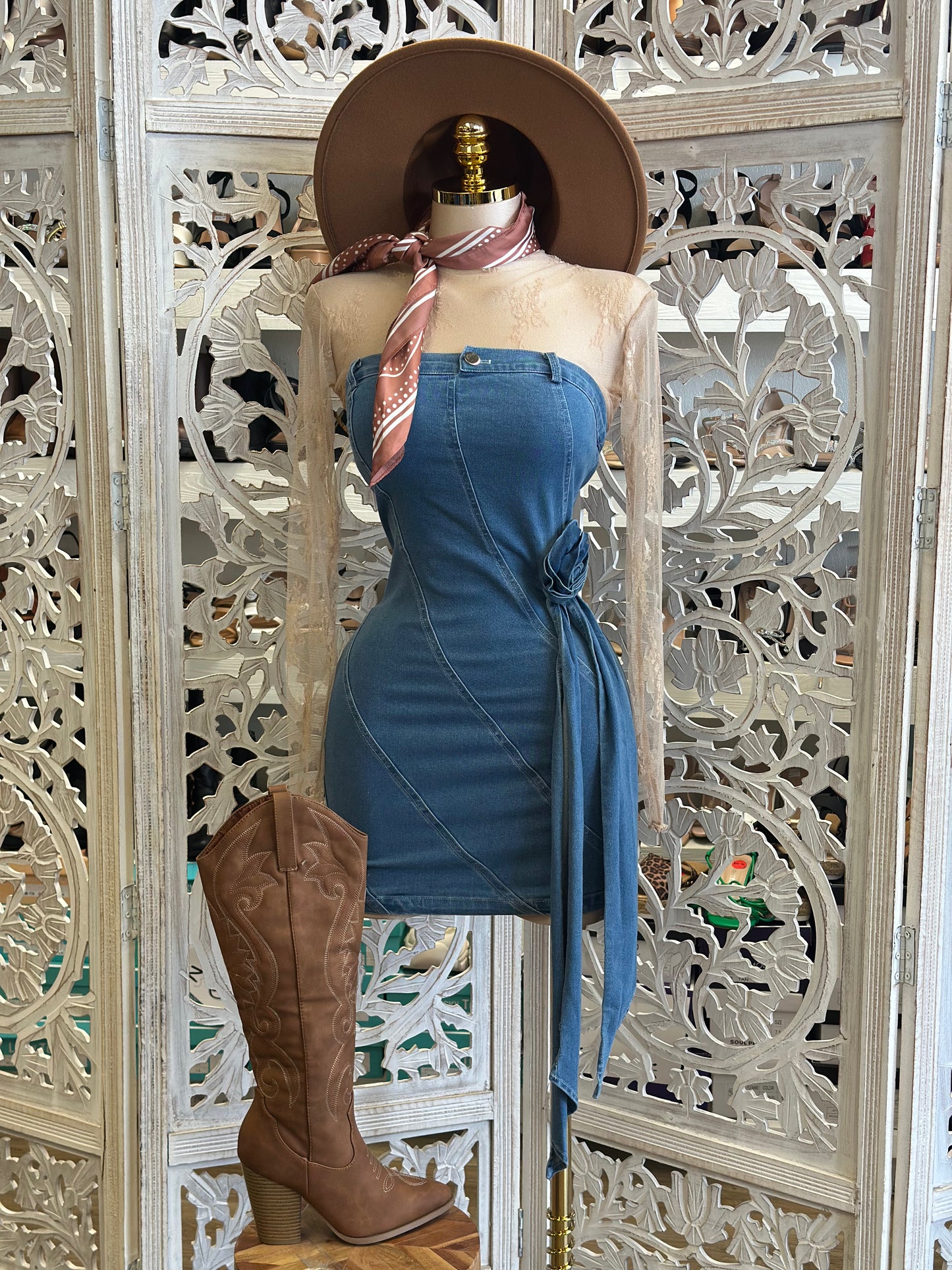 Denim Rose Tail Mini Dress- Not Stretchy, No Estira