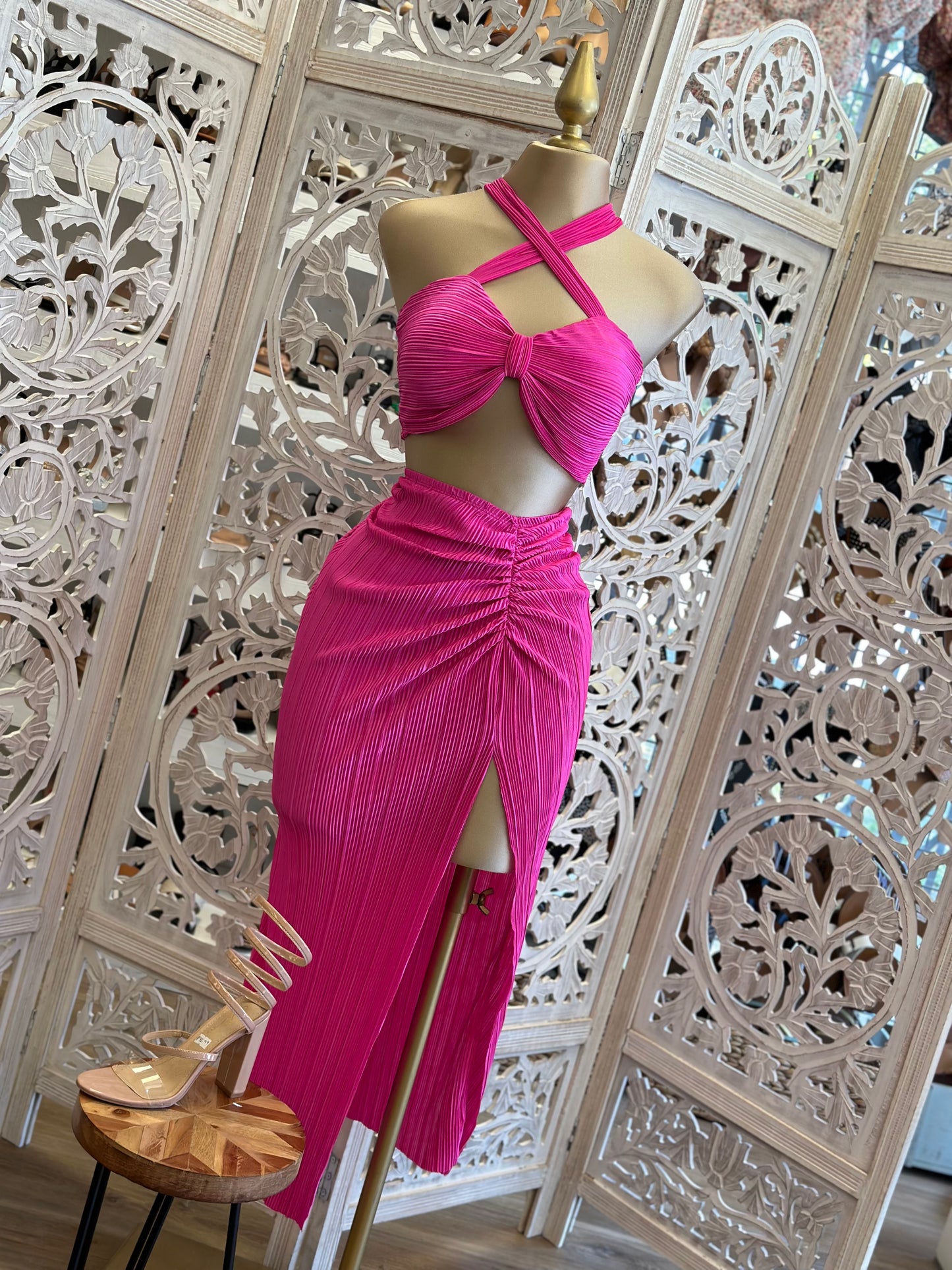 Hot Pink Crossfront Pleated Set
