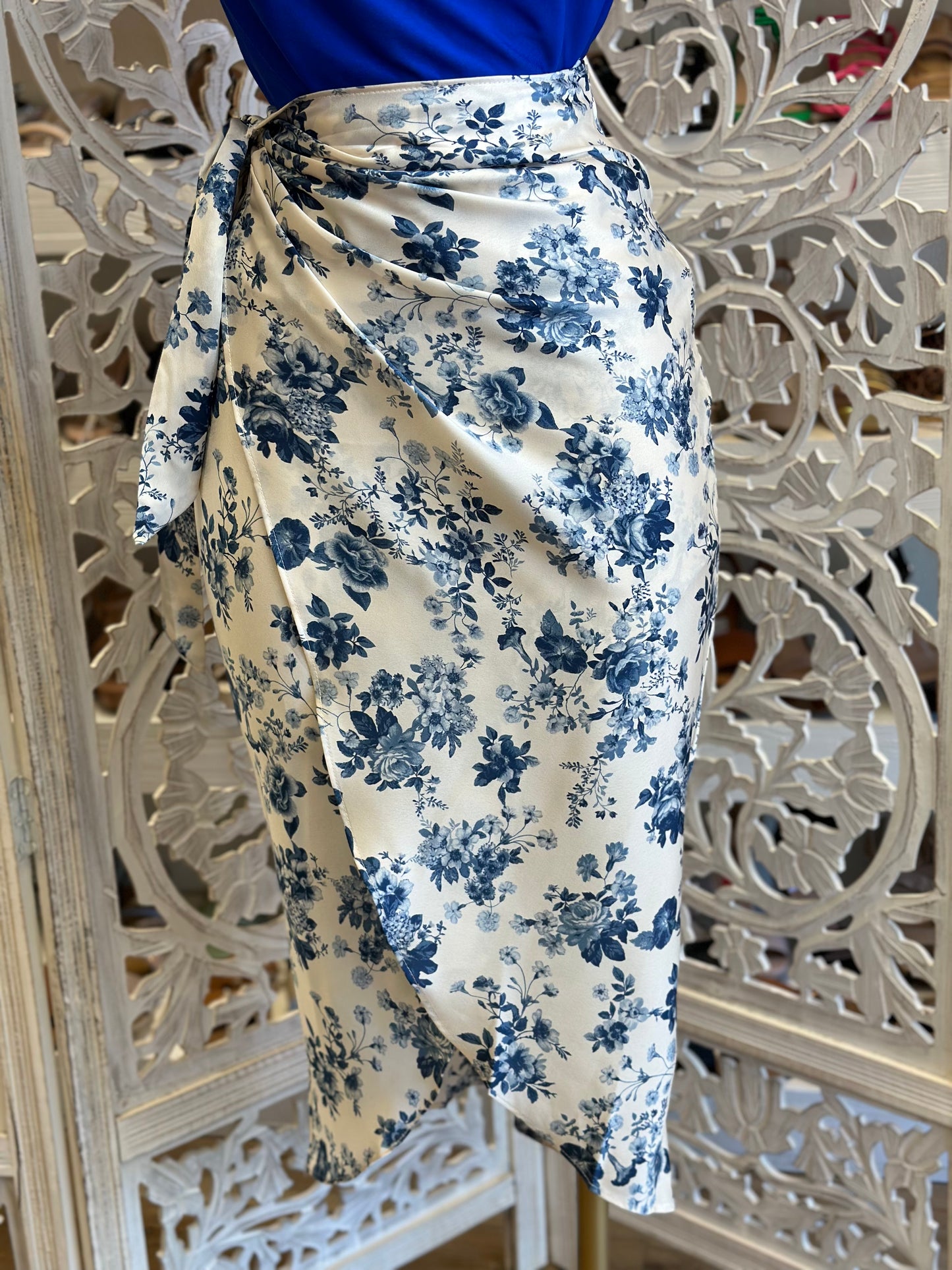 Blue Floral Draped Skirt