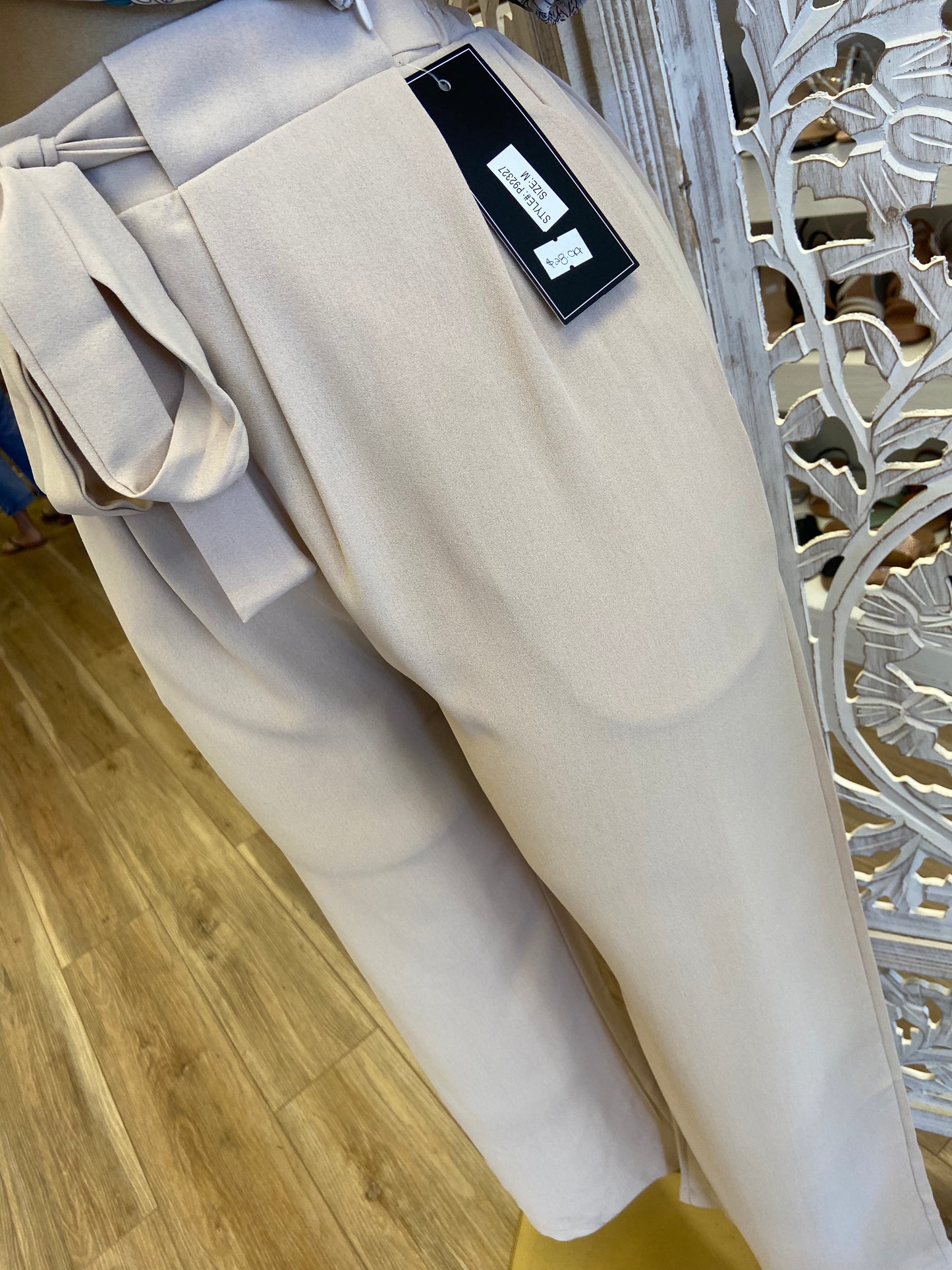 Beige Belted Straight Pants