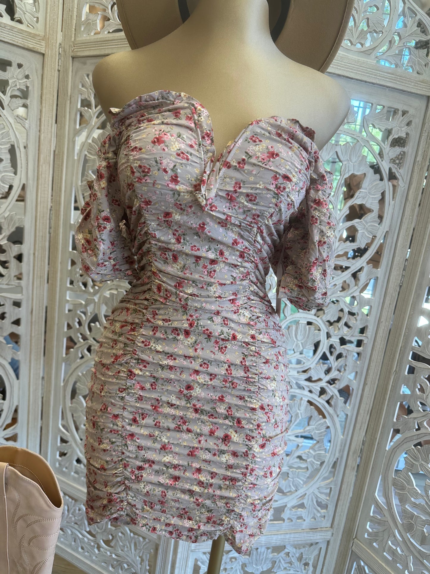 Heart Lined Beige Floral Dress