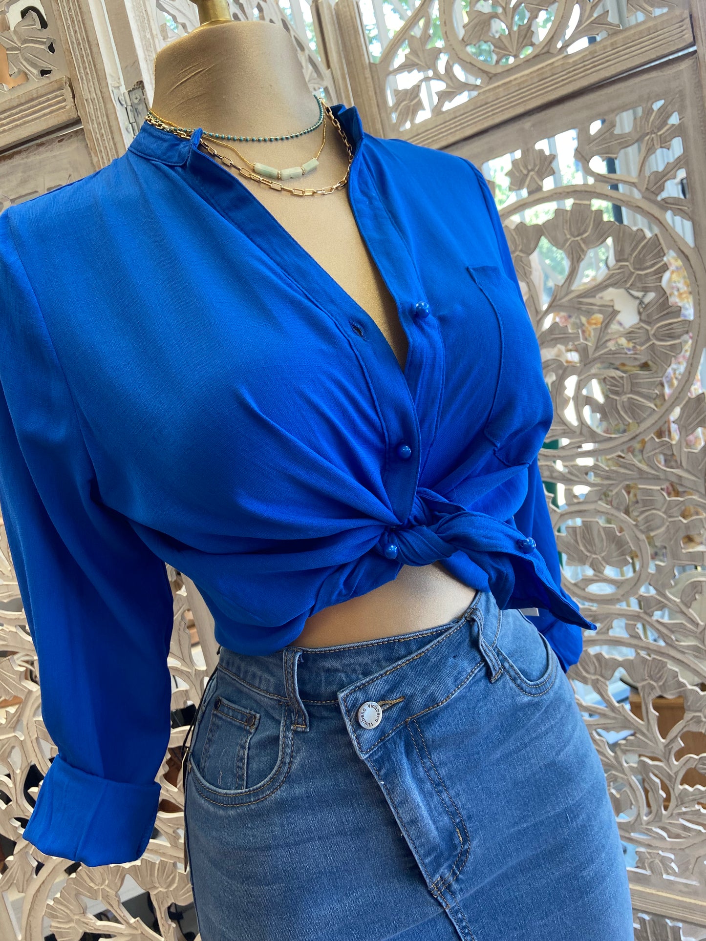 Blue Pearl Button Top