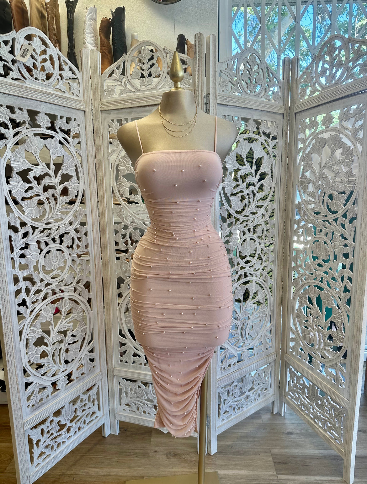 Pearl Detail Baby Pink Dress- Stretchy, Estira