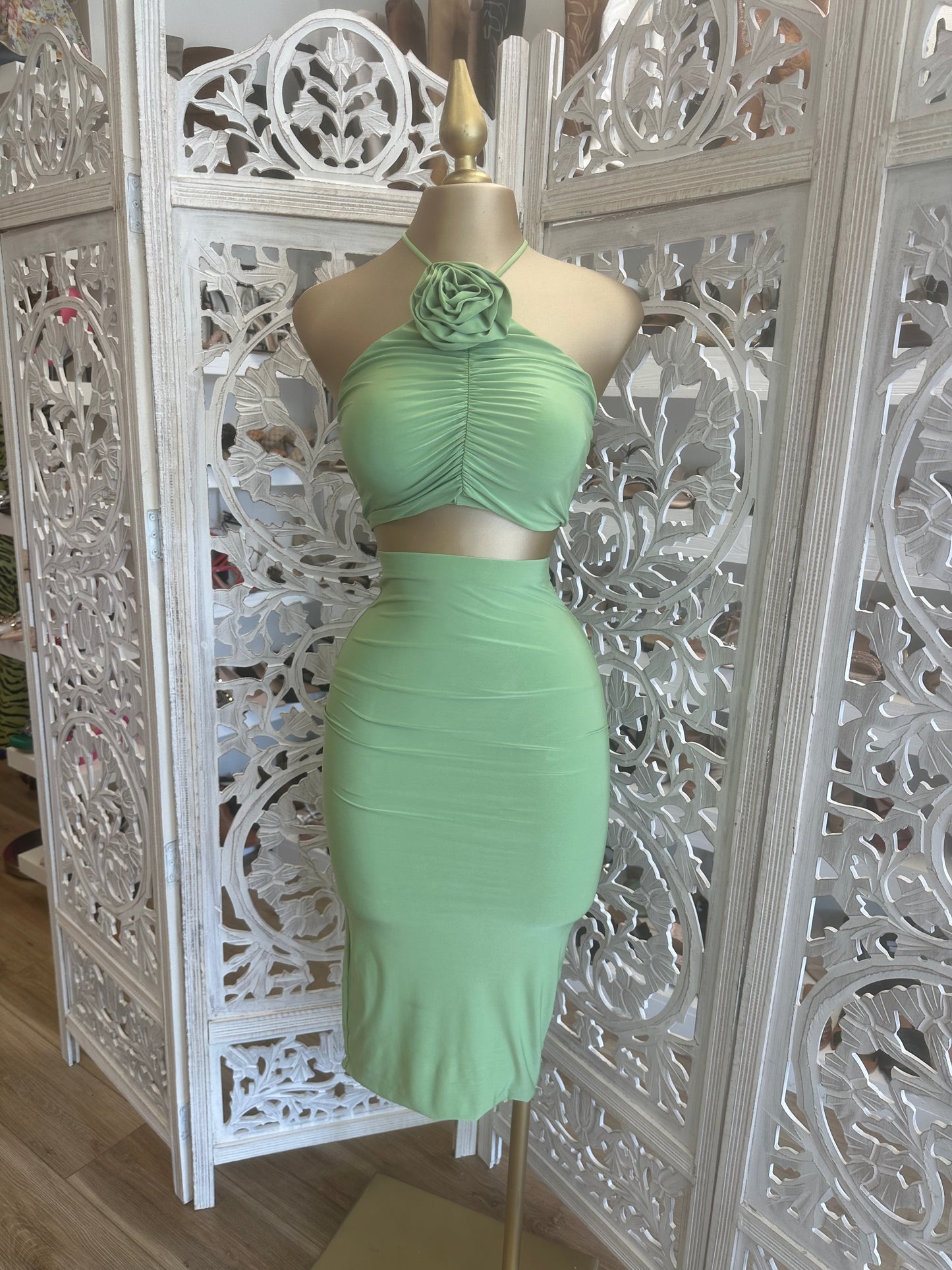 Green Flower Detail Ruched Set