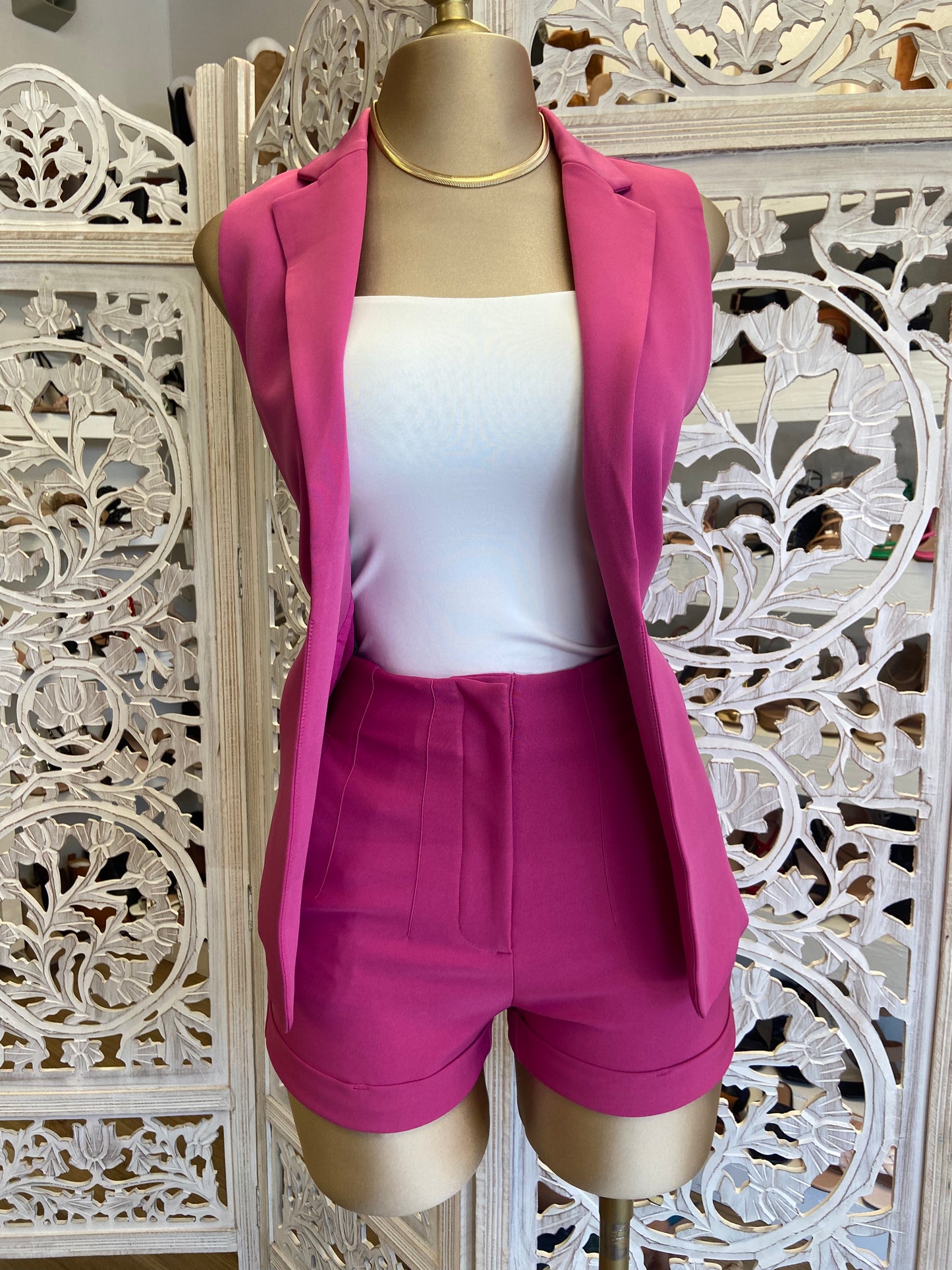 Magenta Vest Blazer Short Set