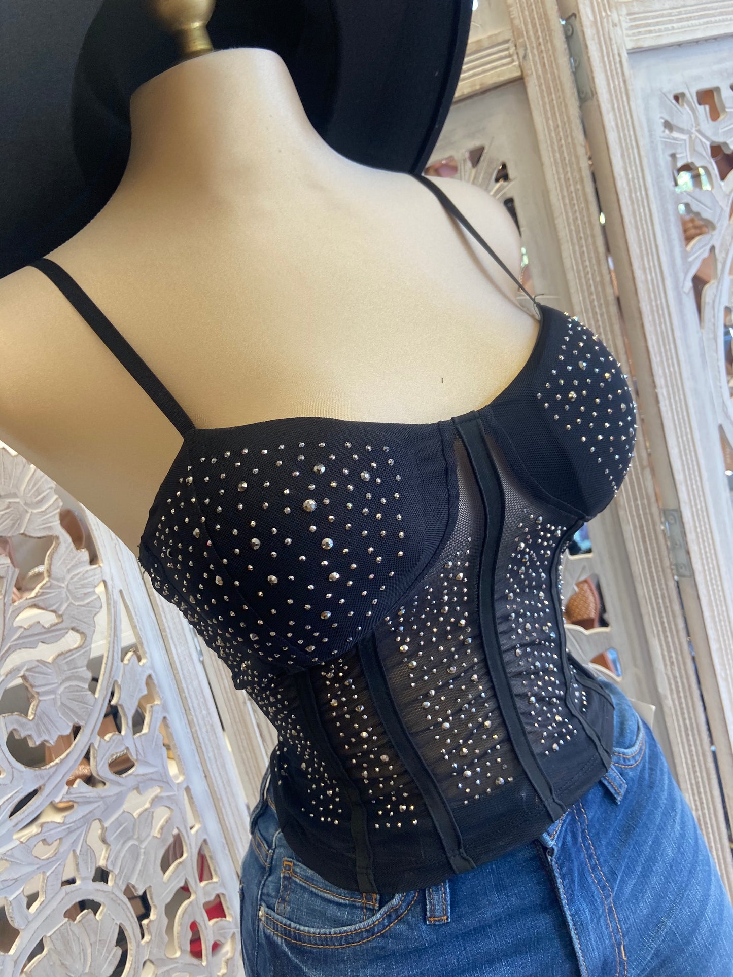 Mesh Rhinestone Corset Top