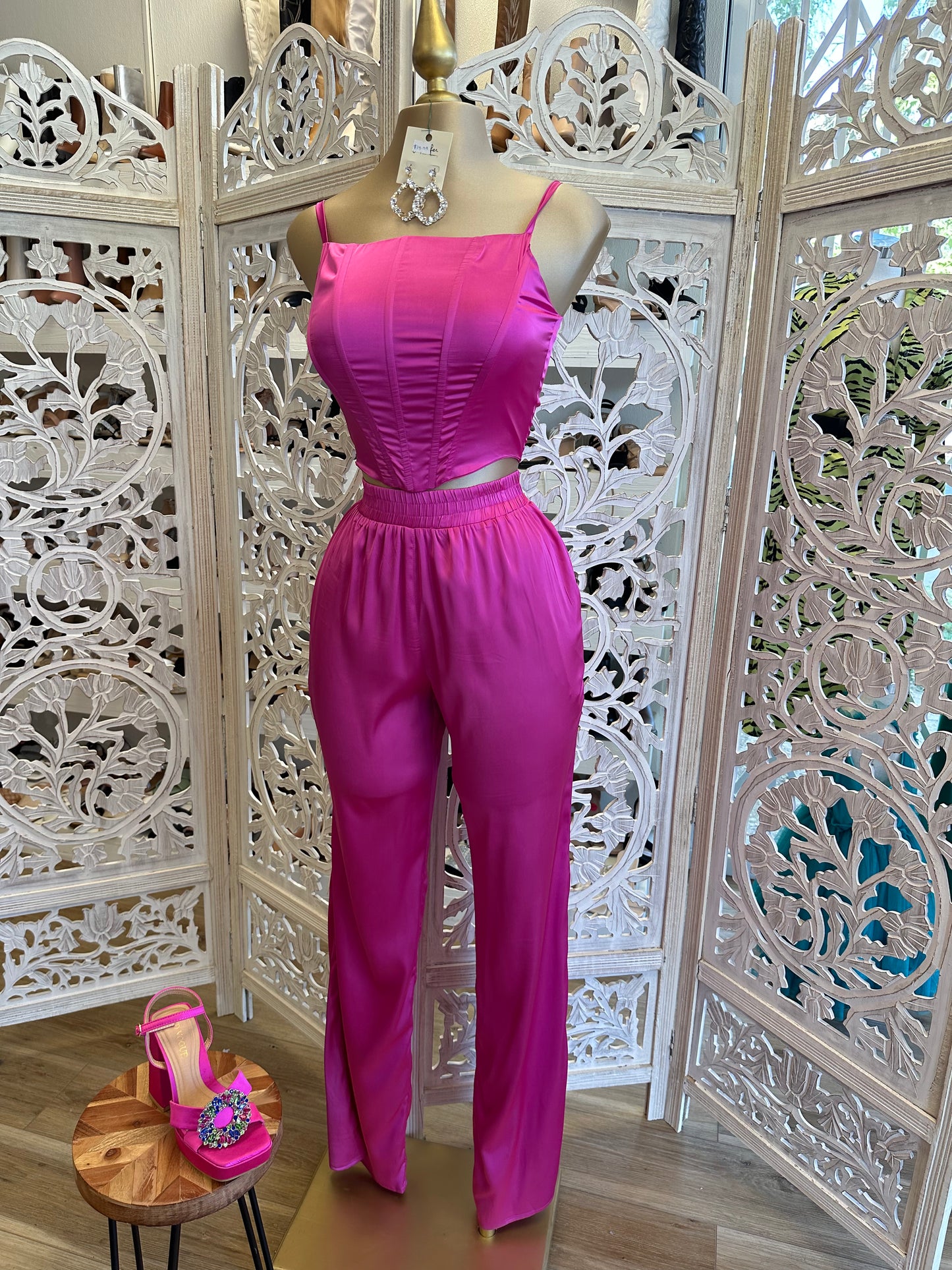 Hot Pink Satin Corset Set