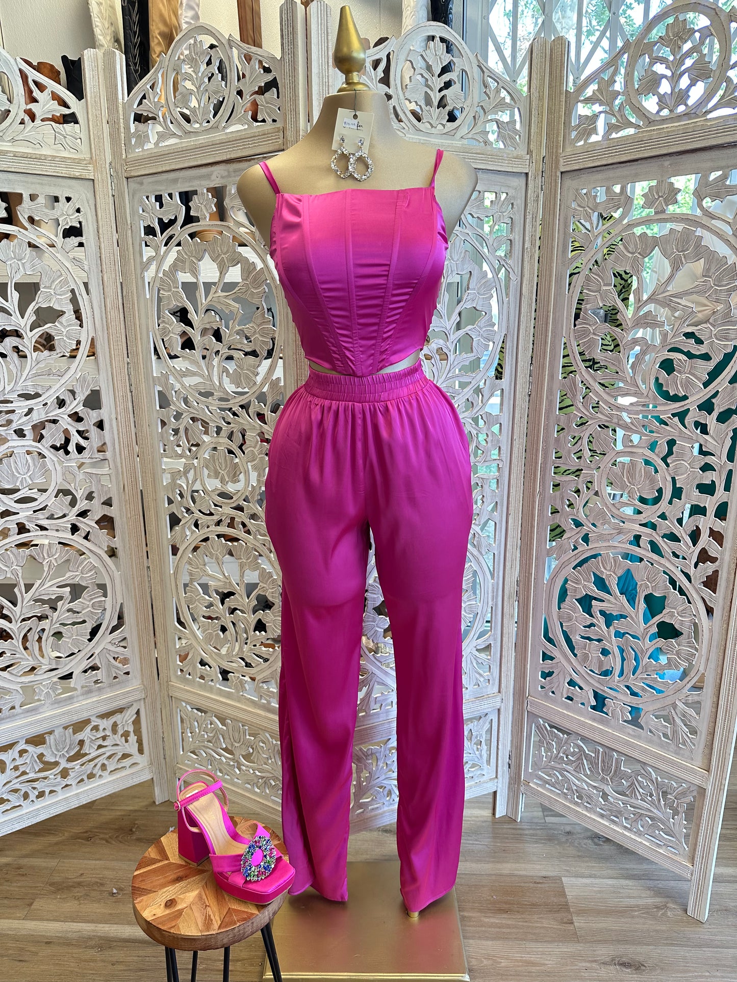 Hot Pink Satin Corset Set