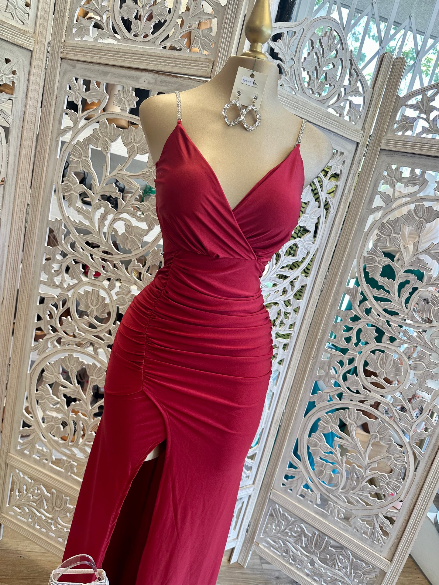 Wine Rhinestone Strap Dress