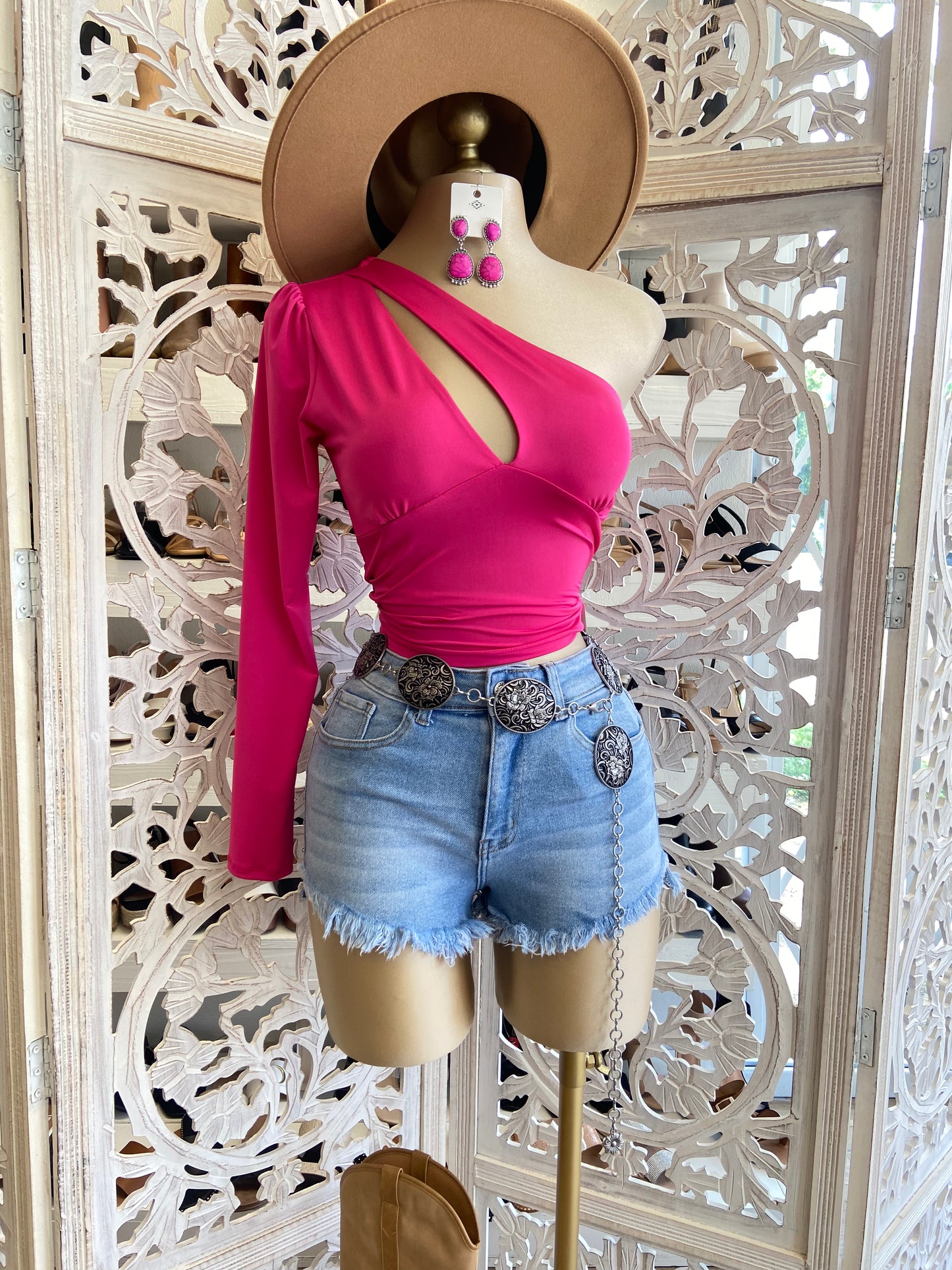 Hot Pink One Sleeve Cutout Top