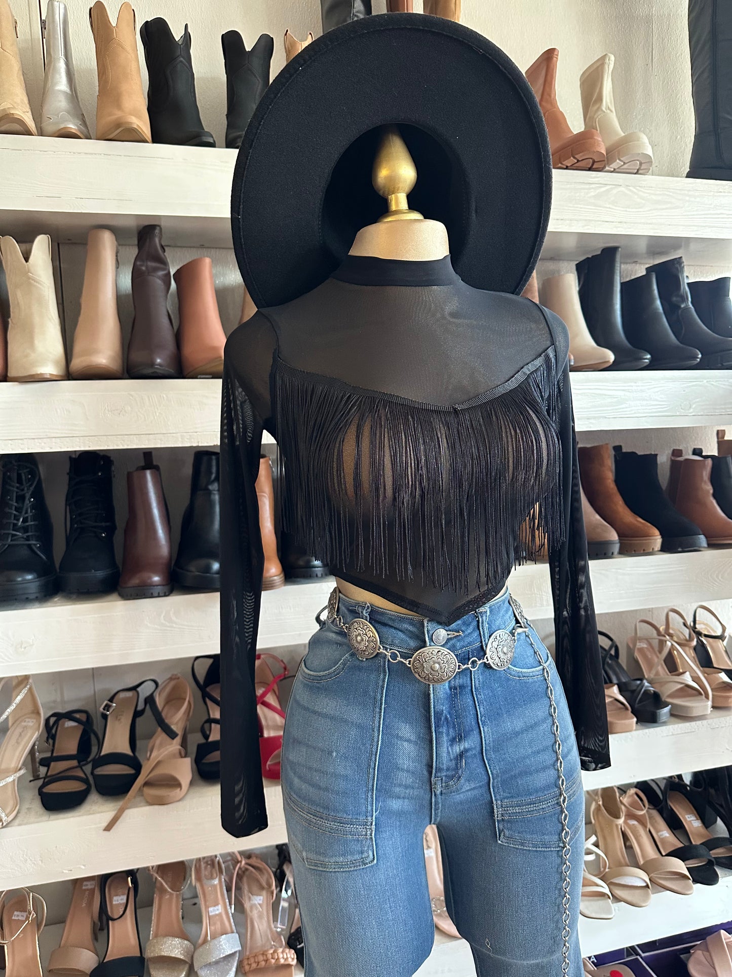 Mesh Black Fringe Top