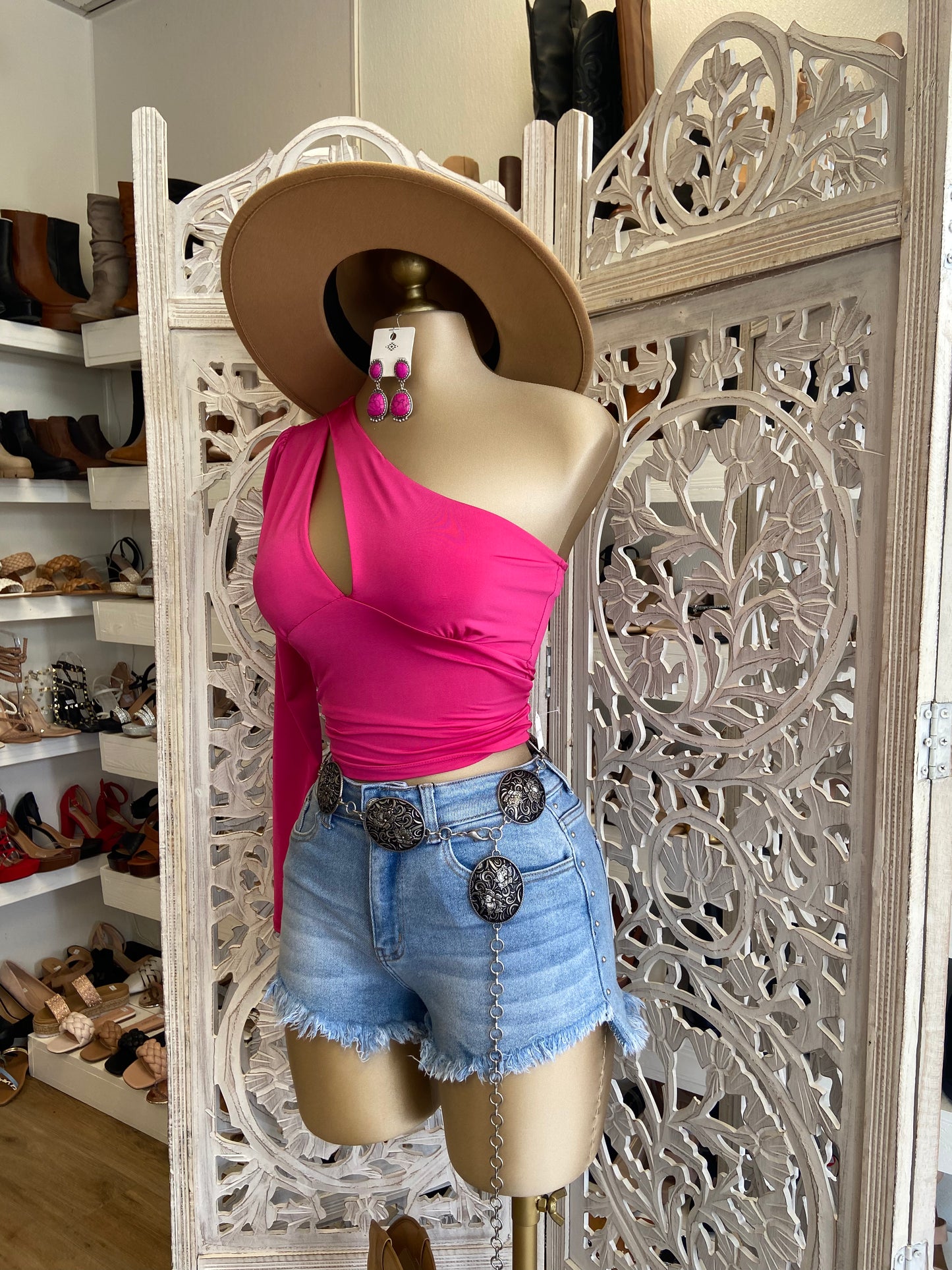 Hot Pink One Sleeve Cutout Top