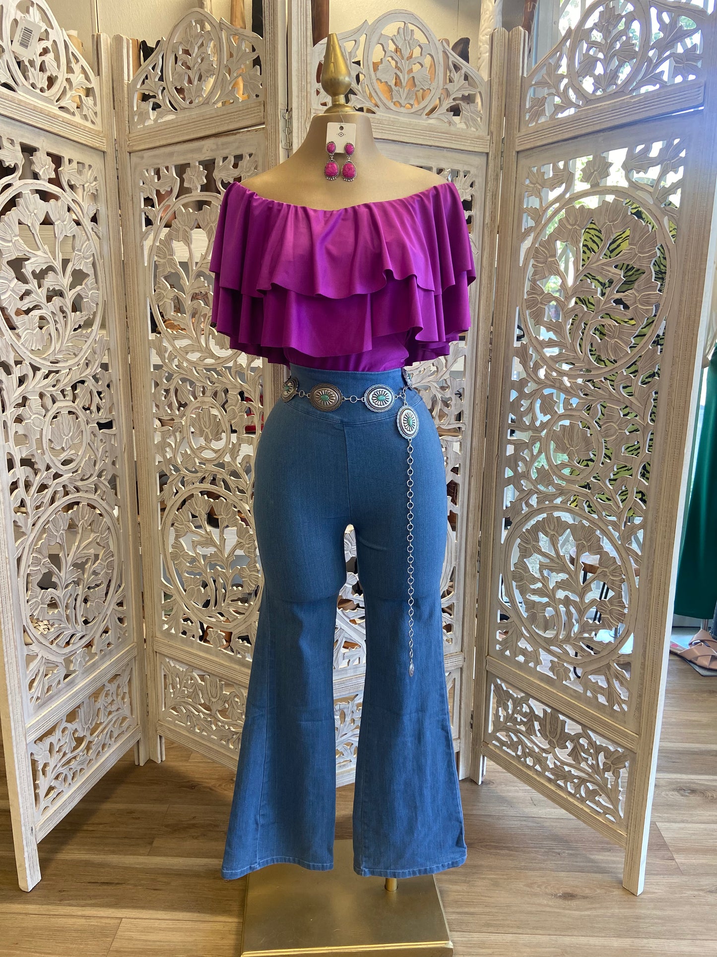 Magenta Ruffled Off Shoulder Top