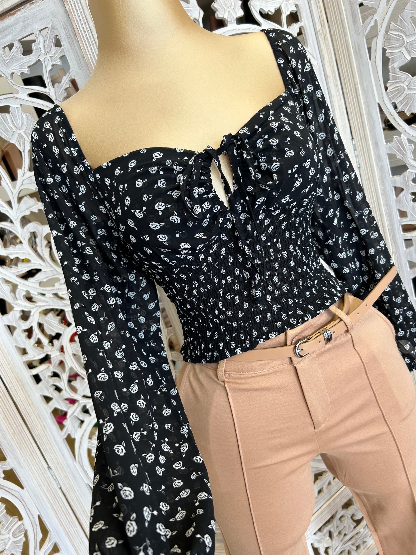 Keyhole Black Floral Blouse
