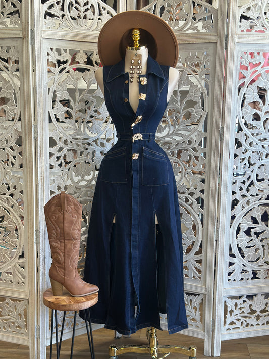 Gold Button Senses Denim Dress- Slightly Stretchy, Estira Poco