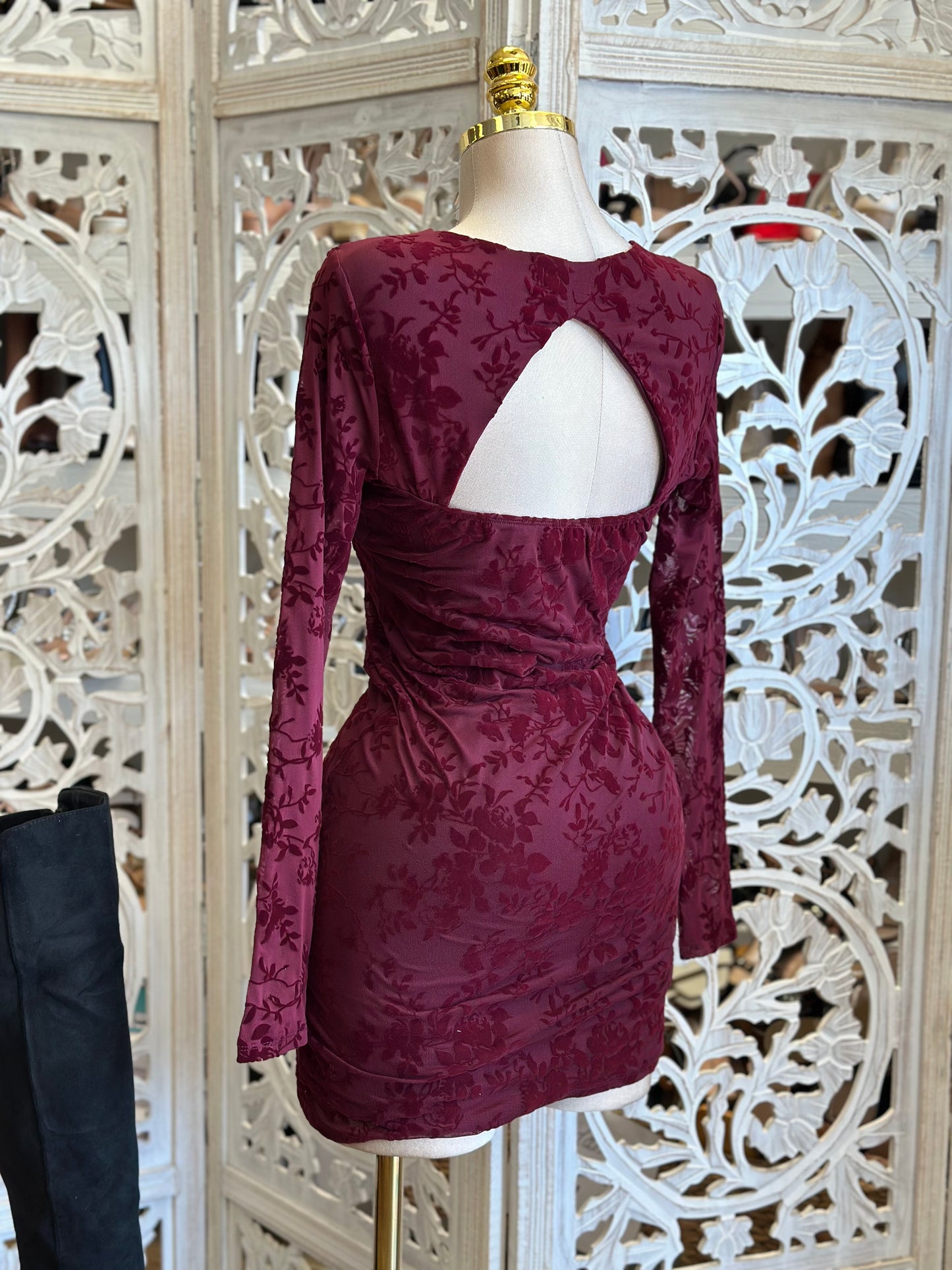 Burgundy Velvet Floral Cutout Mini Dress- Stretchy,Estira