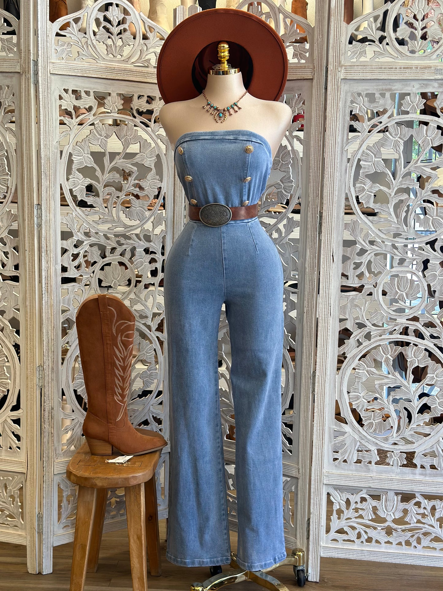 Strapless Denim Button Jumpsuit- Stretchy