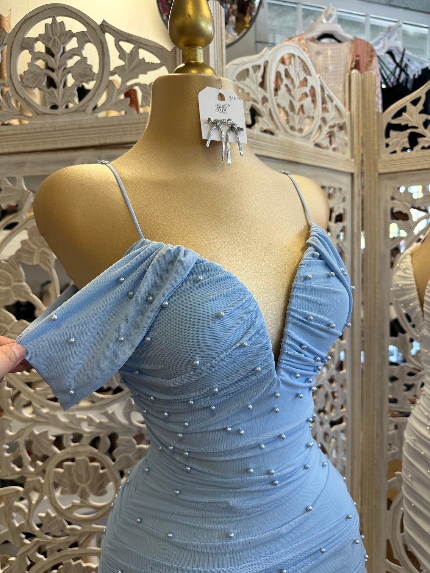 Pearl Embellished Off Shoulder Midi Dress- Stretchy