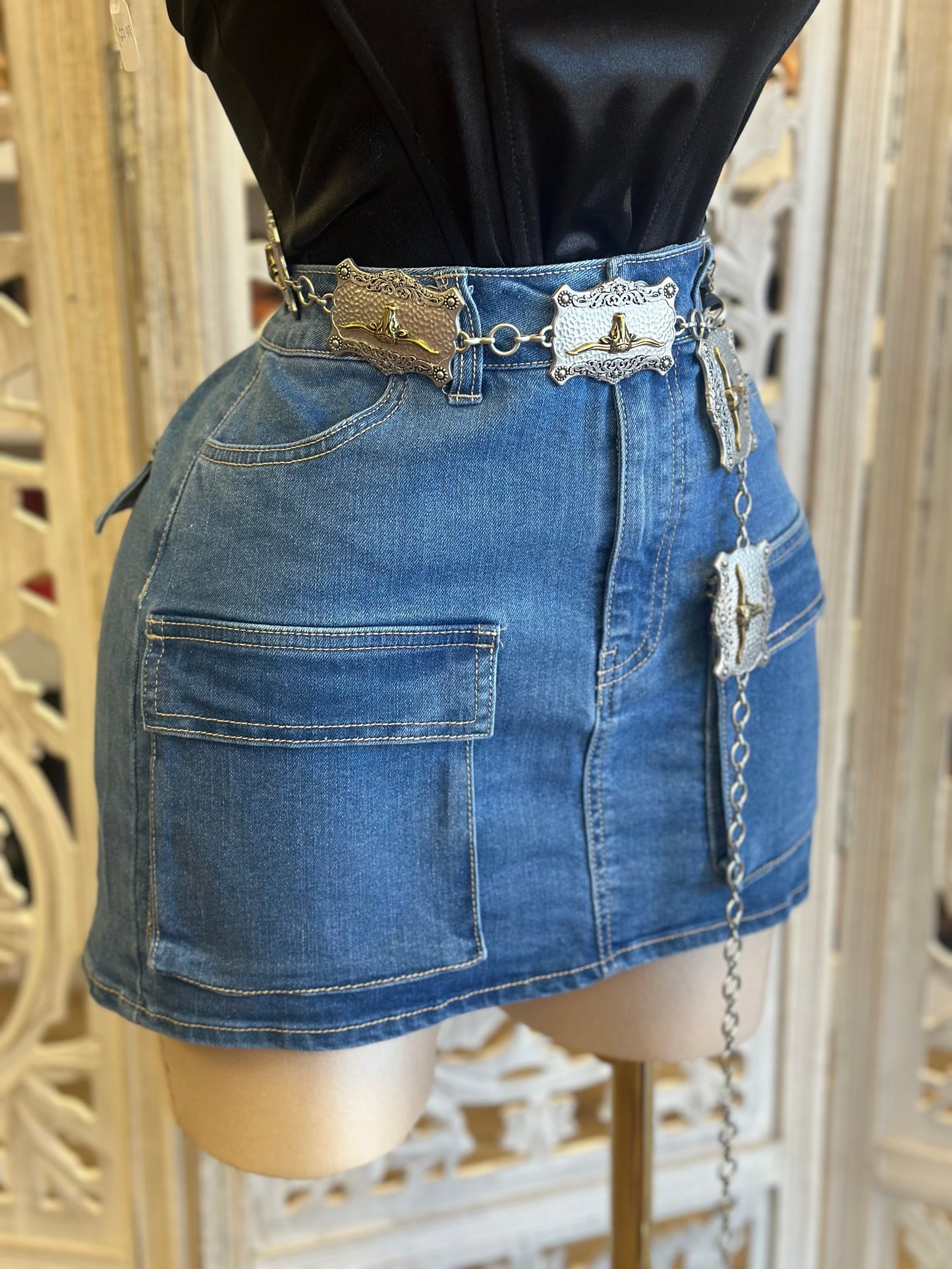 Double Pocket Mini Denim Skirt- Estira, Stretchy