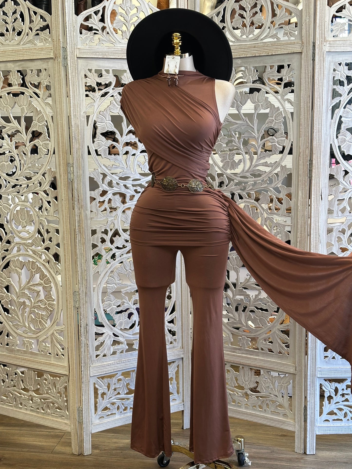 Brown Wrapped Blouse and Pants Set- Stretchy, Estira