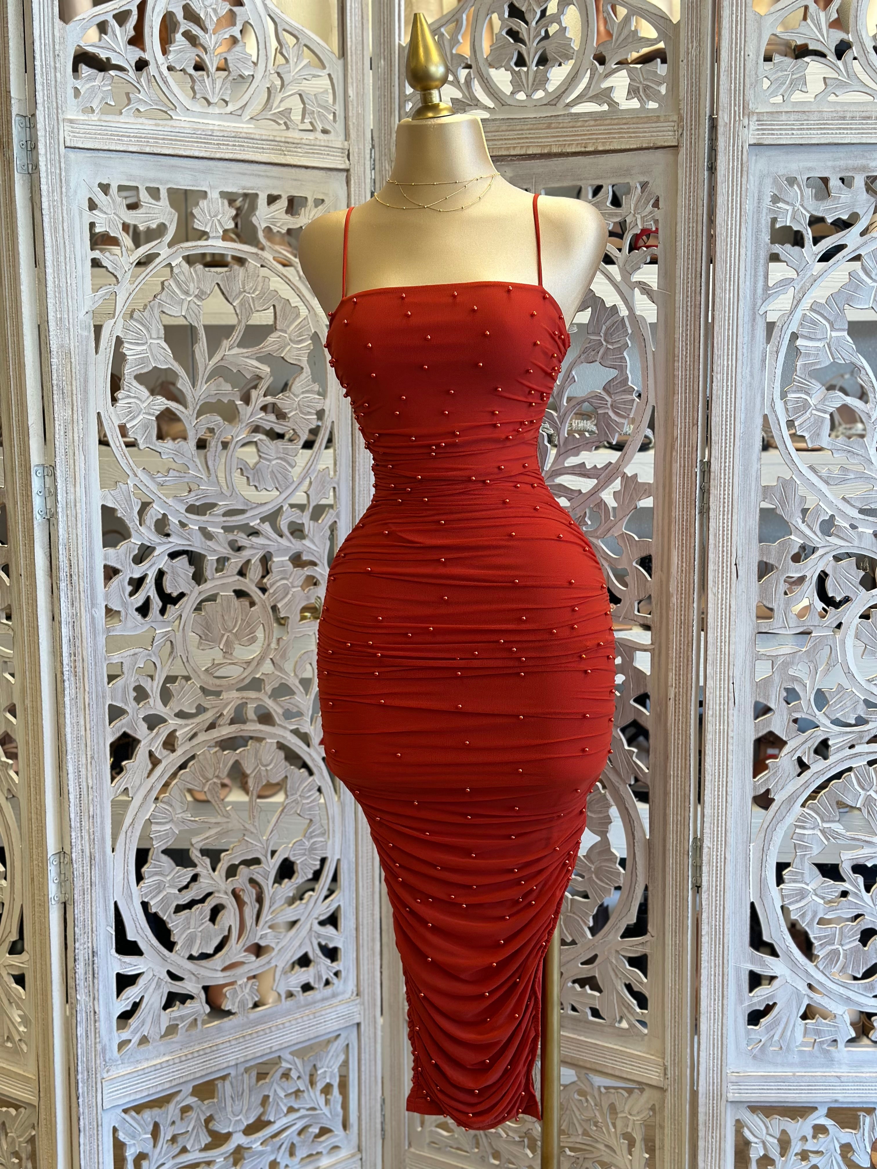 Pearl Detail Bright Red Dress Stretchy Shop laboutiquee pearl-detail-bright-red-dress-stretchy-shop-laboutiquee
