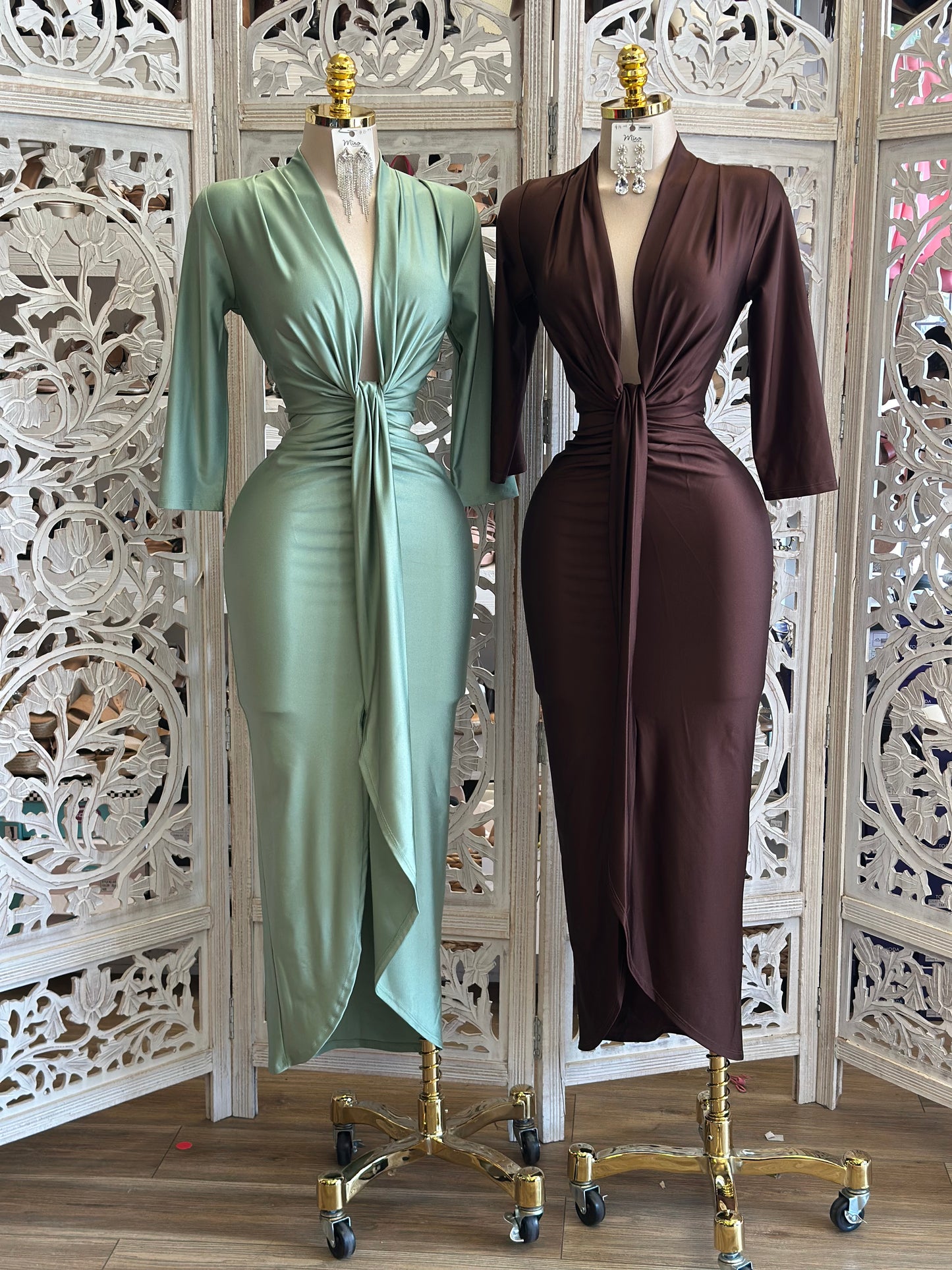 Deep V Knotted Maxi Dress - Estira , Stretchy