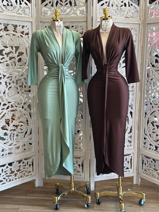 Deep V Knotted Maxi Dress - Estira , Stretchy