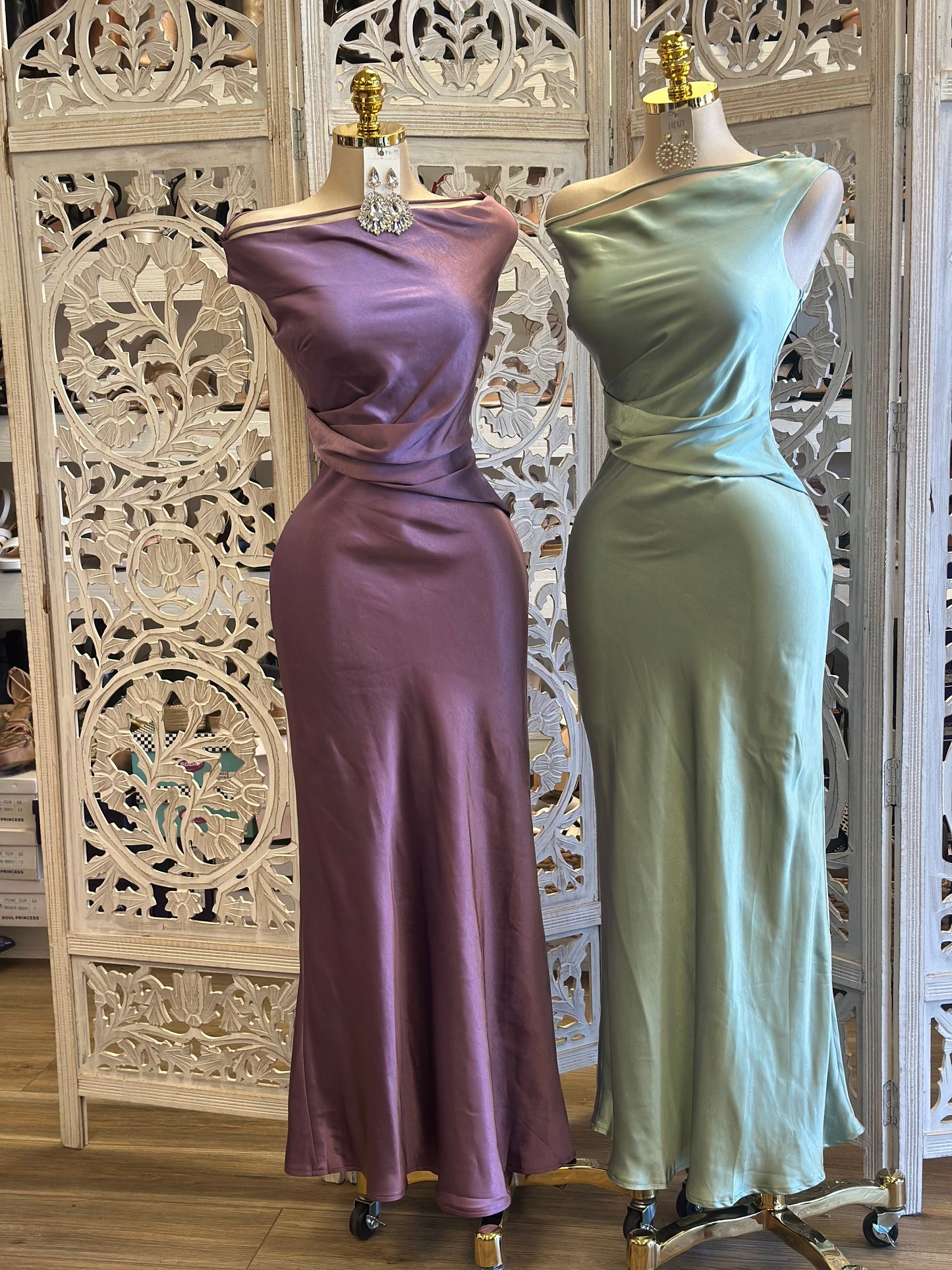 Aria Off Shoulder Satin Dress - No Estira, Not Stretchy