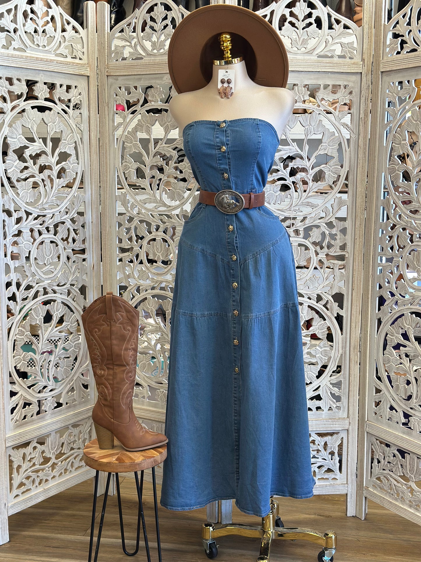 Tiered Button Up Denim Dress-Estira, Stretchy