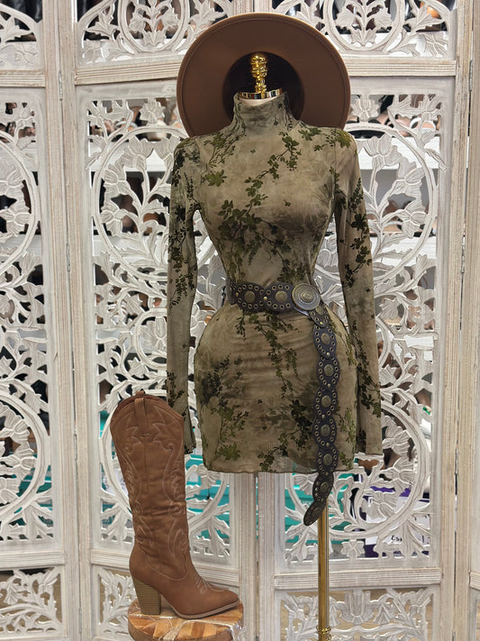 Green Suede Floral Mini Dress- Stretchy,Estira
