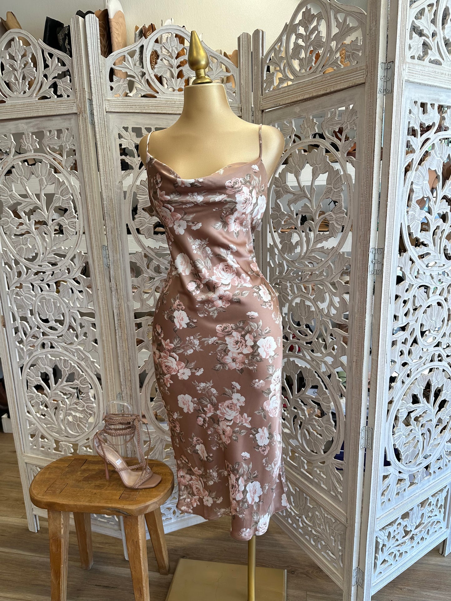 Beige Floral Cowl Midi Dress