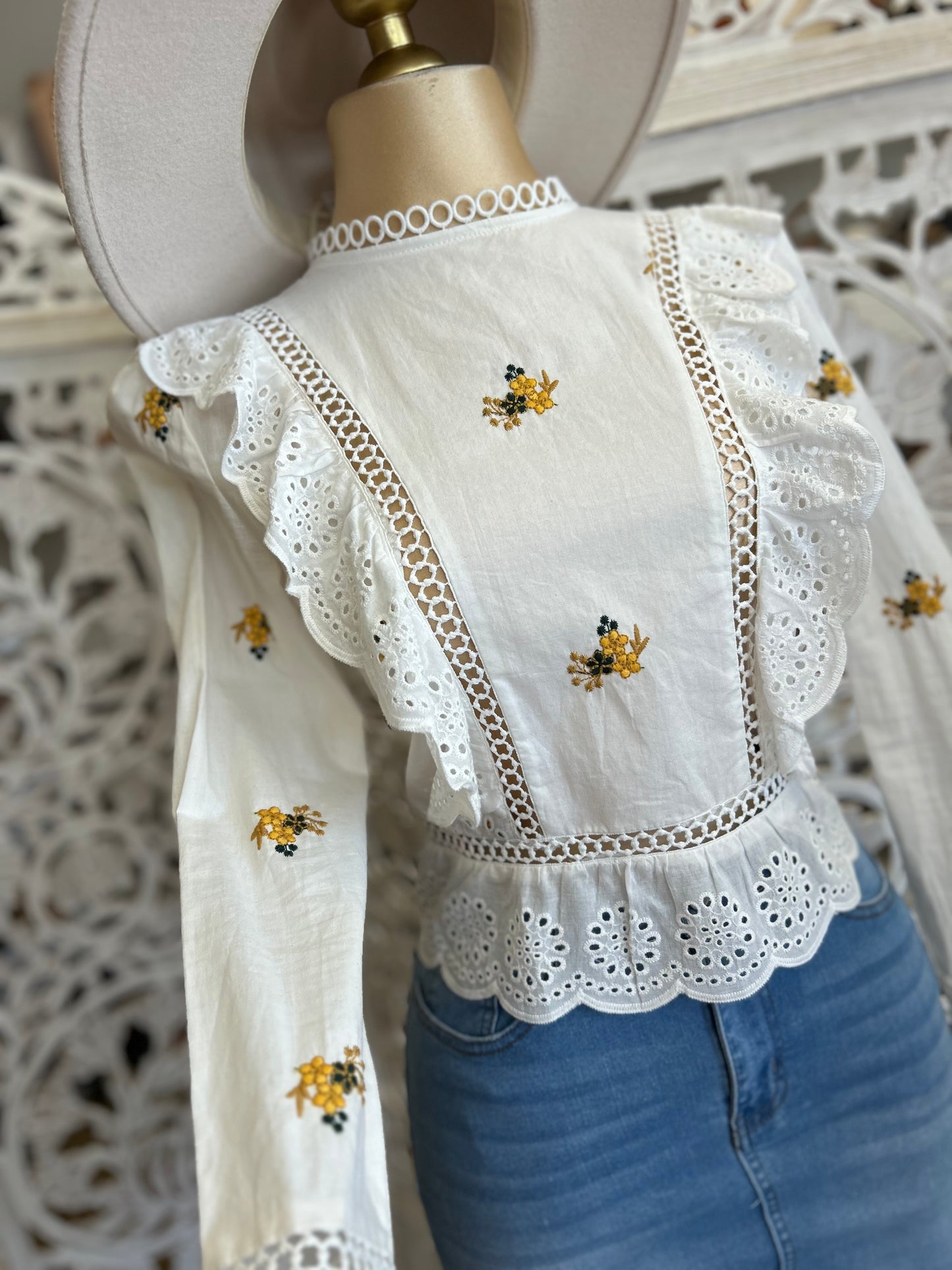 Lace Yellow Floral Embroidered White Blouse - Not Stretchy