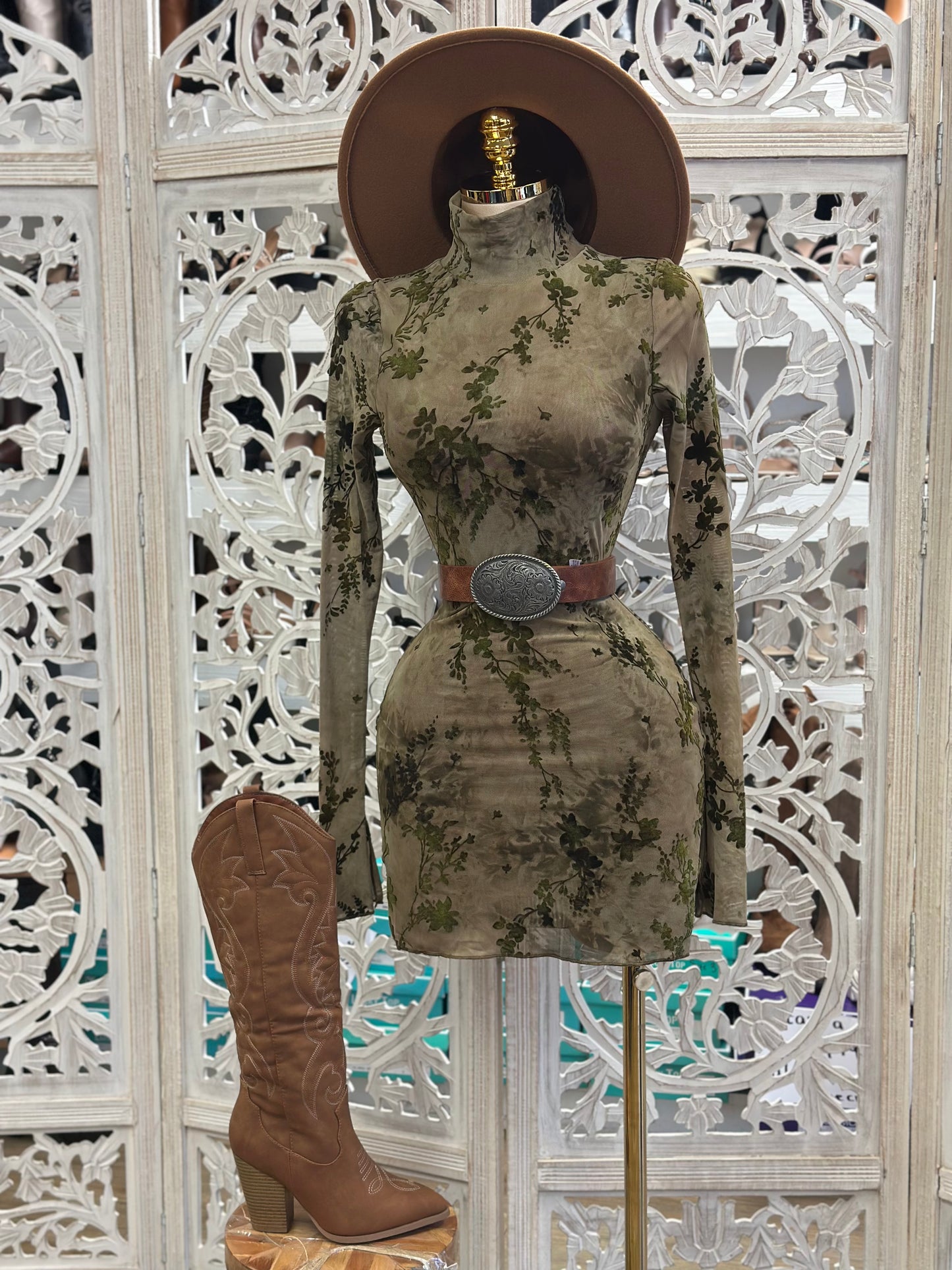 Green Suede Floral Mini Dress- Stretchy,Estira
