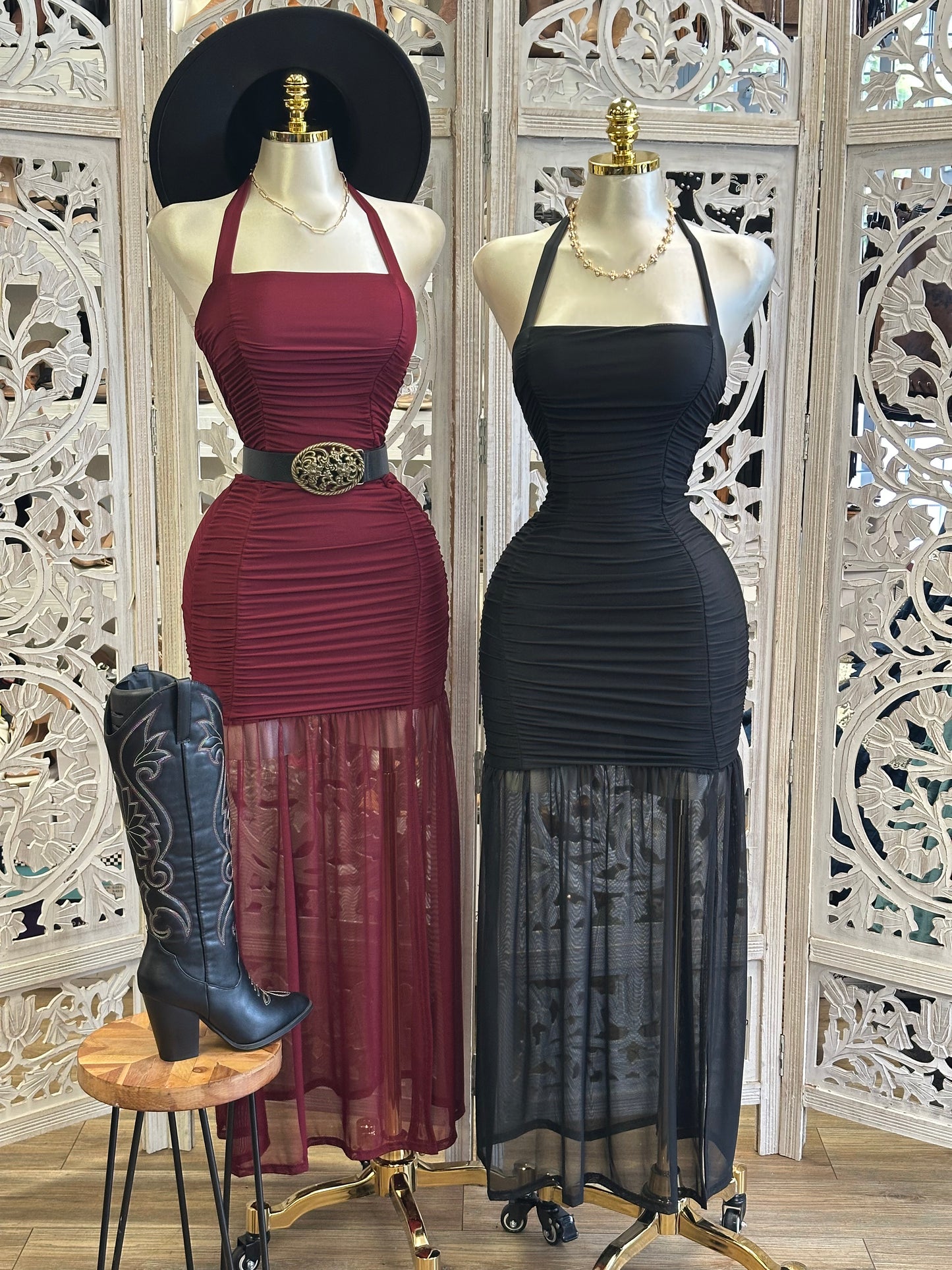 Desert Sunset Ruched Halter Mesh Maxi Dress -Stretchy,Estira